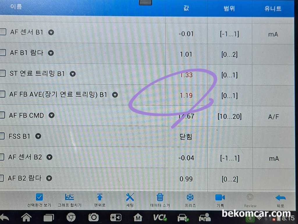 단기연료(STFT) 및 장기연료(LTFT) 보정값 합한것이 +52%이다|بيكومكار  (bekomcar)