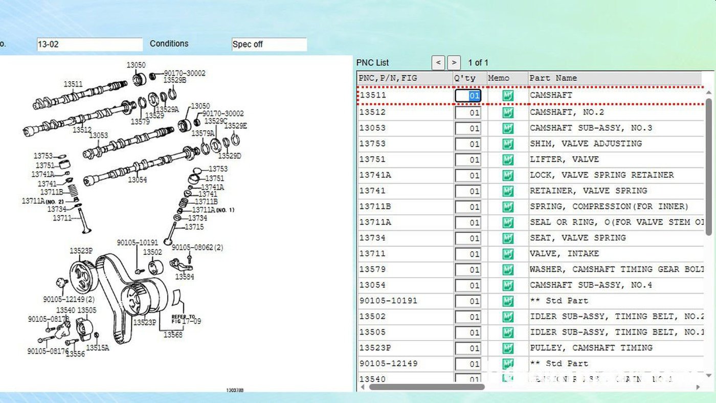 13568, Belt, Timing x 1개
13540, Tensioner Assy, Chain No.1 x 1개
13471, Pully, Cankshaft x 1개
13523P, Pully, Camshaft Timing x 2개 (옵션)
13502, Idler Sub-Assy Timing Belt x 1개
13505, Idler Sub-Assy Timing Belt x 1개
90080, Seal, Crankshaft x 1개
* 일부 부품번호 (벨트, 오토텐셔너) 는 도면에 표시되지 않음.|bekomcar.com
