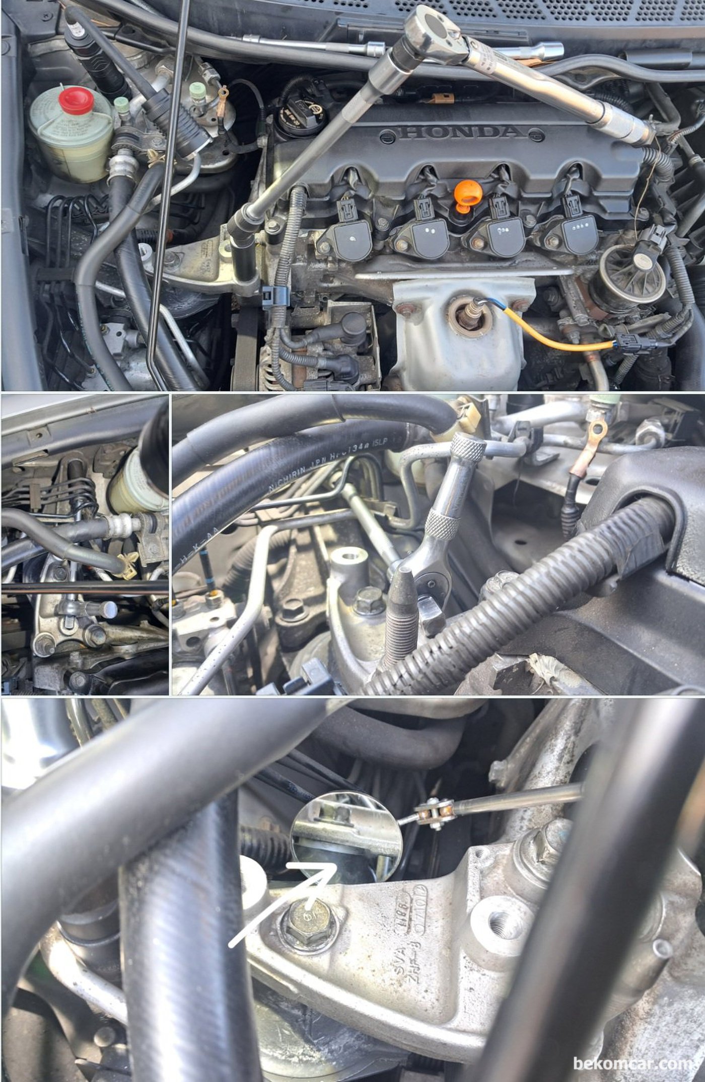 혼다 시빅 8세대 1.8L R18A1 엔진마운트 교환 기록이다. 엔진마운트 브라켓에 동그한 다울핀 위치와 밸런서 위치는 주의 해야한다.|بيكومكار  (bekomcar)