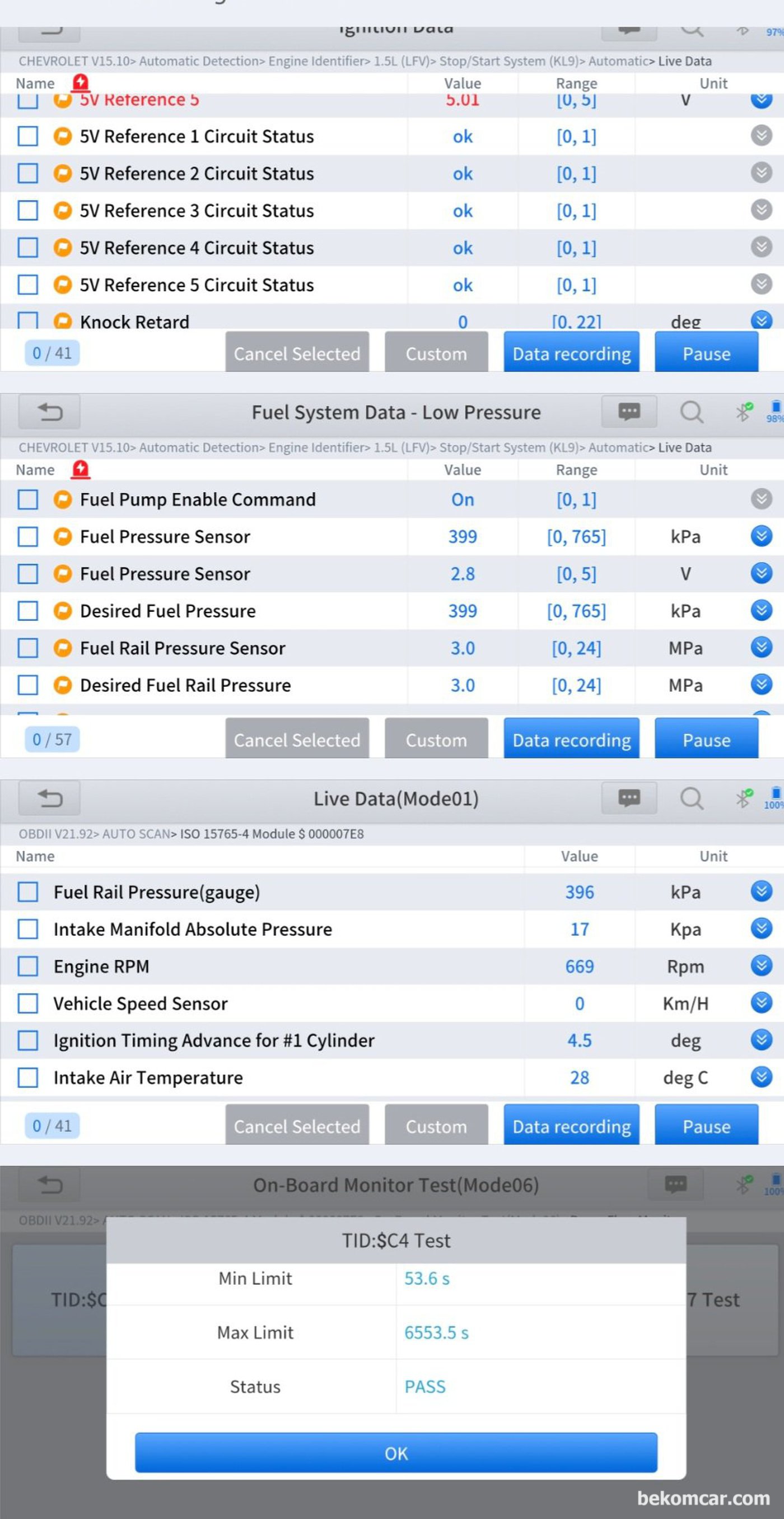 쉐보레 올 뉴 말리부 1.5T 에코텍 엔진, 약 14만키로 주행. 냉간시 순간 실화증상 분석과정 기록. 진단기상 주요데이터 분석결과 일부를 제외하고 특이사항은 없다.|贝科姆汽车 (bekomcar)