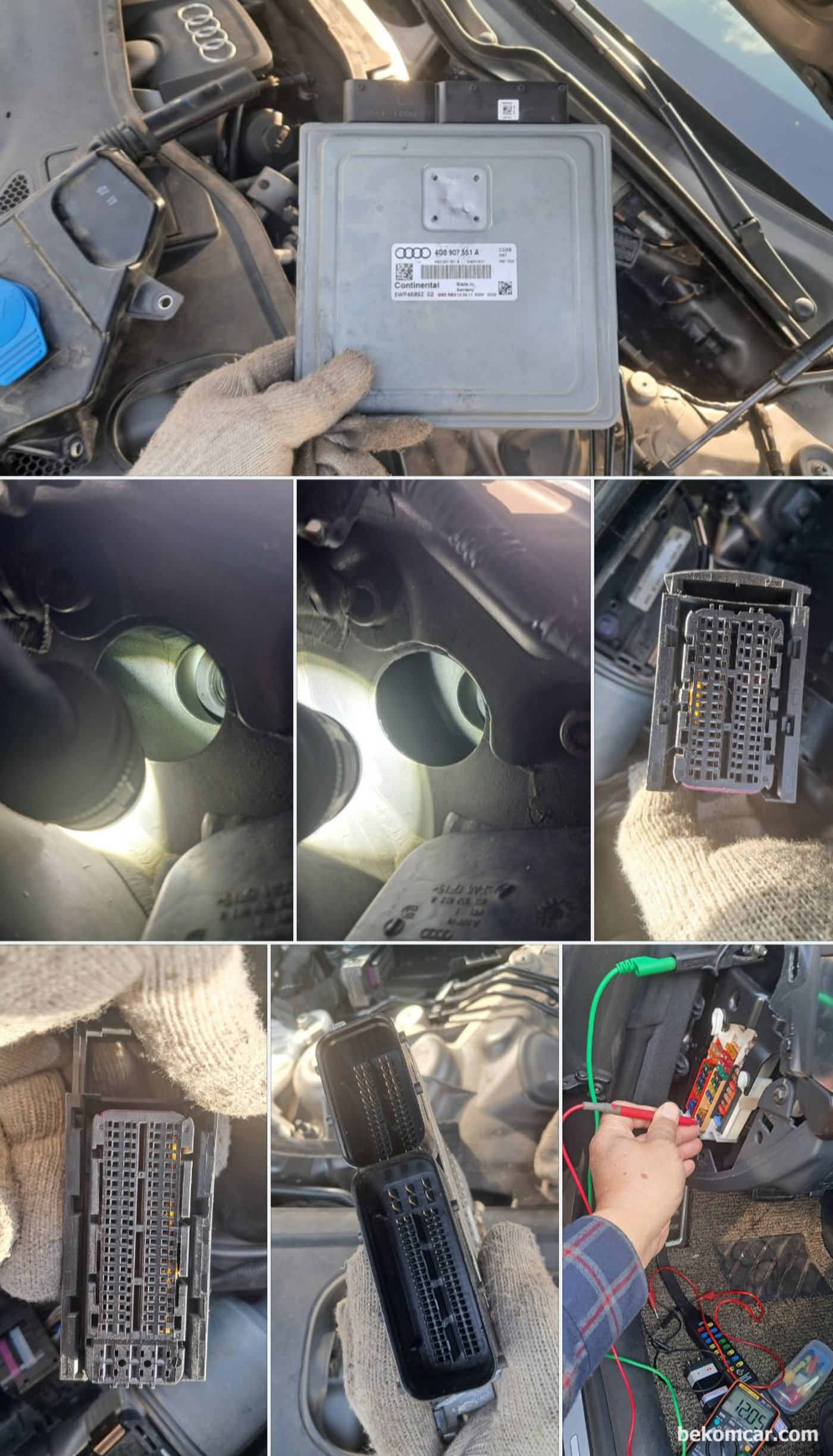 아우디 A7 콰트로 V6 3.0L TFSI CGXB 엔진 에 8단 자동미션 차량. 커울커버 ECM 와셔액 주입
통 탈거후 암 수 연결부분 호스를 점검한다. 암 수 와셕액 호스가 타이트하게 끼어있지 않고 헐러덩 한 상태이다. 와셔액 누수로 흔적도 육안으로 확인된다. 코넥터등 부식 점검을 해 볼 이유가 된다.|ベコムカー (bekomcar)