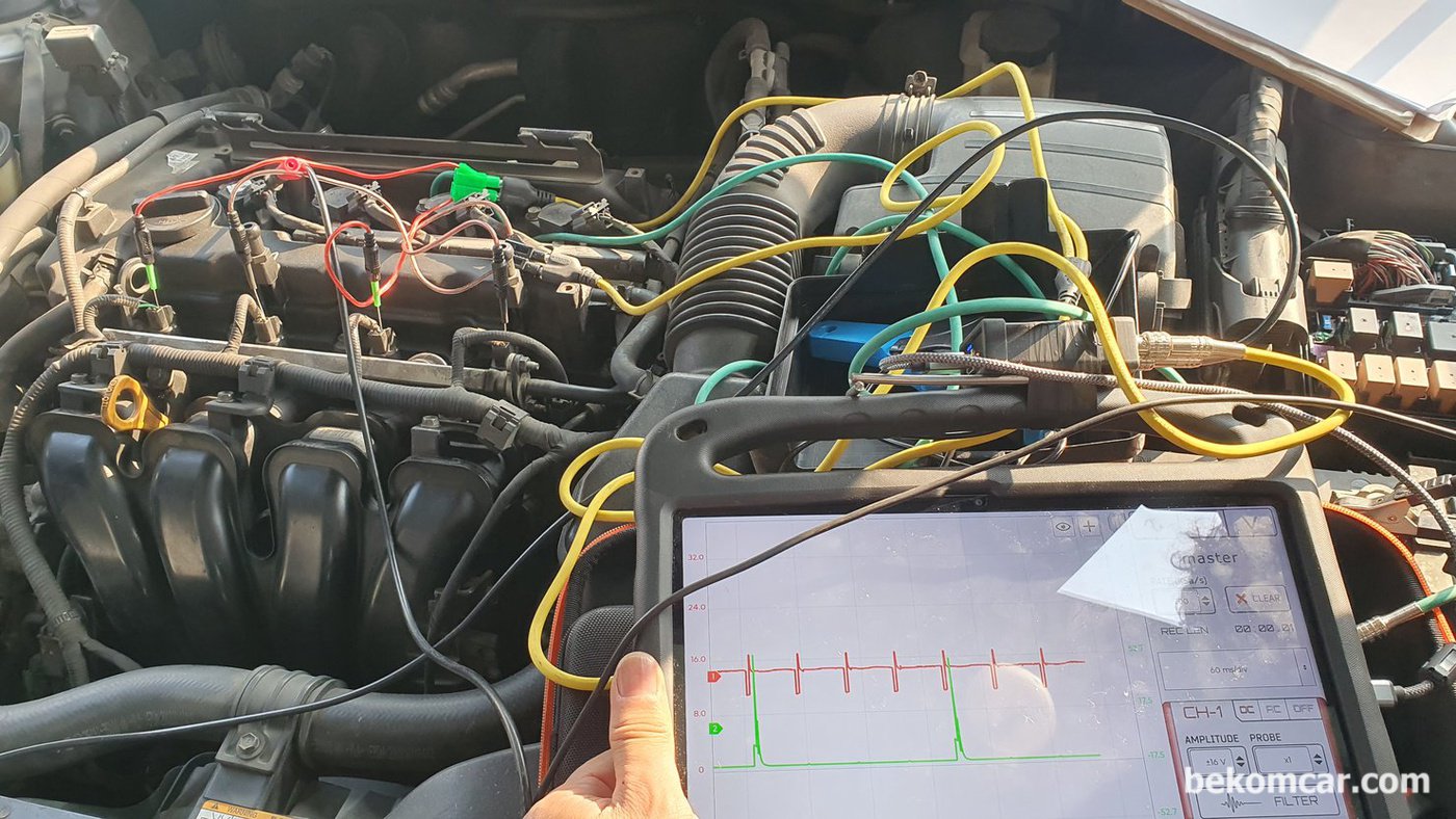HS512Max 스코프 와 TL MIX4 한 채널에서 4개 탐침 가능. R 엔진 인젝터 파형측정중. 베콤카 정비소 출장 실전 교육과정중.|bekomcar.com