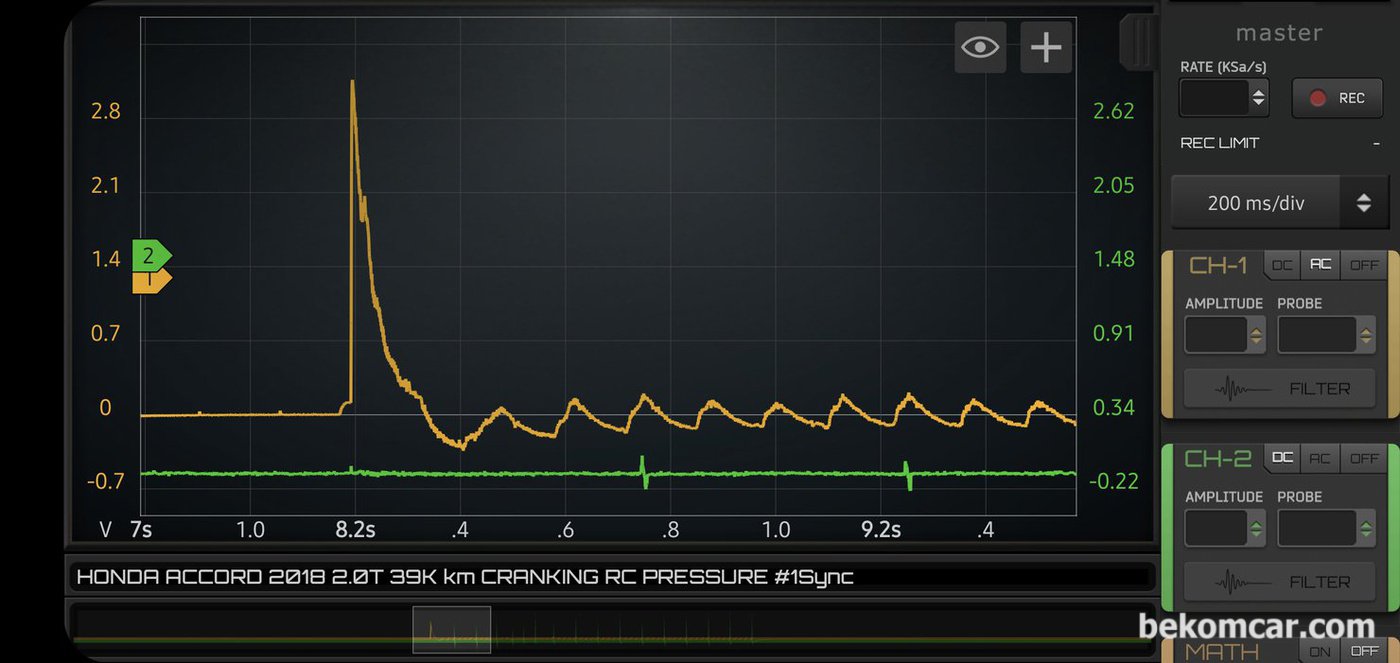 시동전 상태, 시동모터 솔레노이드 작동 및 실제 시동모터 작동 상태를 알 수 있는 파형이다. 시동모터상태는 정상으로 진단된다.|ベコムカー (bekomcar)