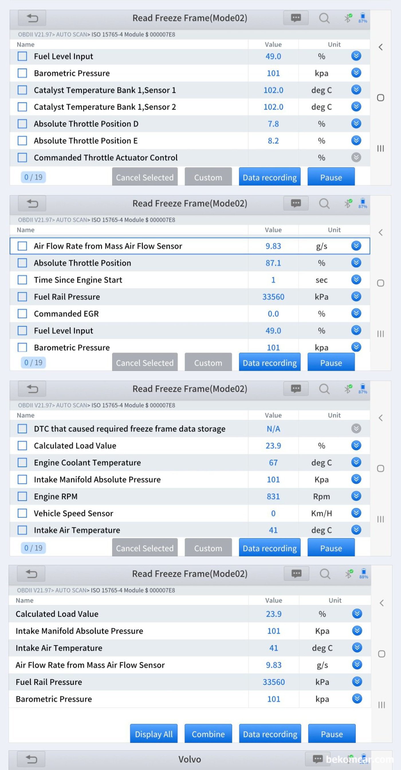 볼보 2015년 S80 P3 D2 차량 3번 실화고장코드 진단과정, 고장코드 발생당시 상황정보 (Freeze Frame Data) 분석한다. 테스팅 환경은 가능한 프리즈프레임 데이터 기준으로 하는것이 권장된다.|bekomcar.com