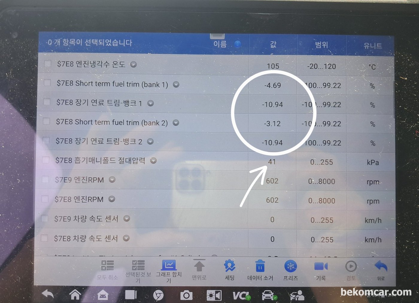 아이들시 MAP 압력값 높은 편임, 밸브 오버랩으로 인한 증상으로 판단됨. 연료보정값 등도 농후쪽으로 기울어져 있음.|بيكومكار (bekomcar)