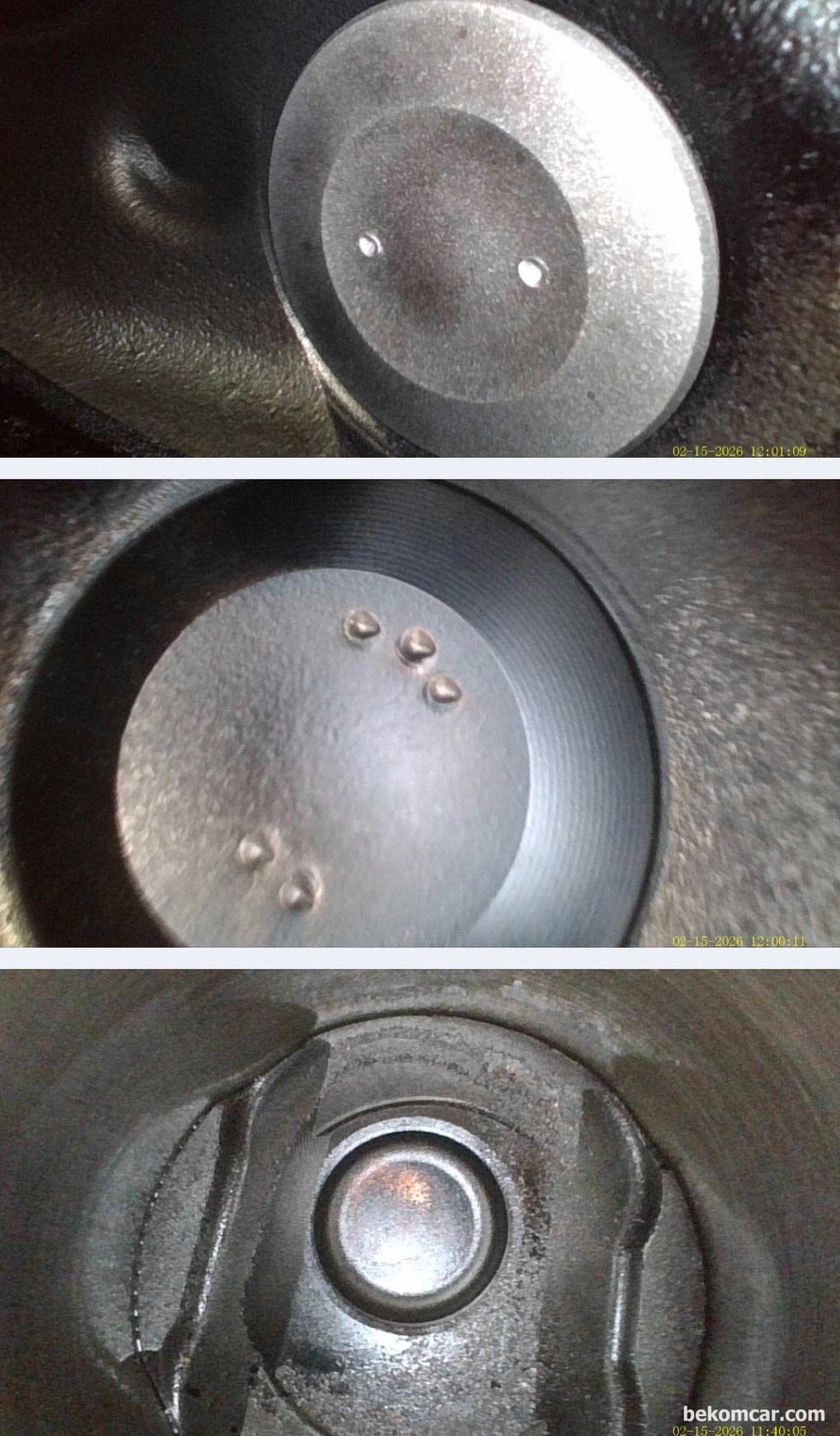 쉐비 말리부 1.5T Ecotec 엔진 내시경 검사, 밸브 표면의 자국이 상당히 특이하다. 다른 실린더의 밸브 헤드 표면은 이렇지 않다. 뭔가에 툭 맞은듯 하다.|贝科姆汽车 (bekomcar)