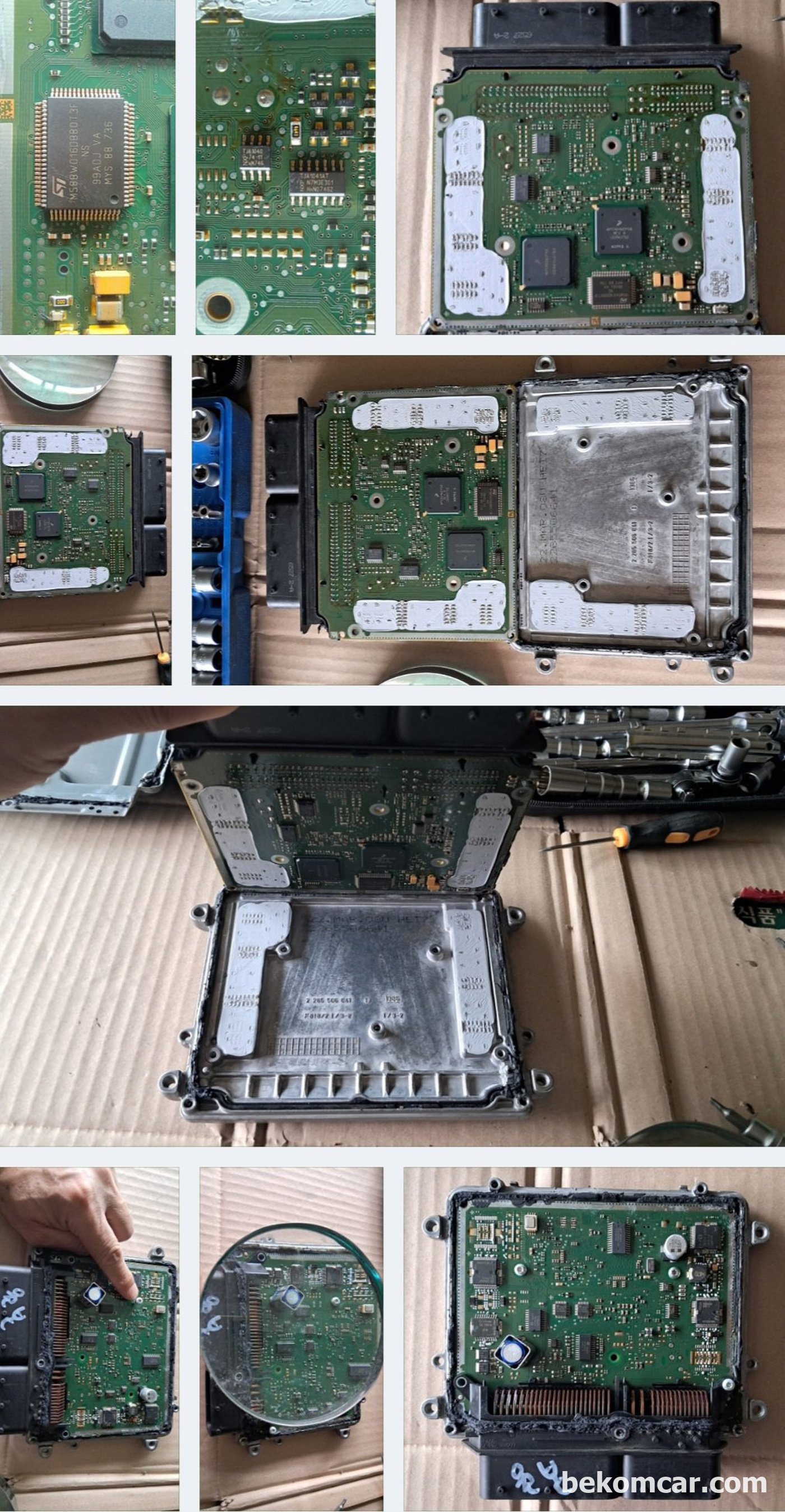 벤츠 S 클래스 2007년 M273 S550 ME9.7 ECU 간헐적 시동불량 증상 진단 및 정비기록이다. ECU커버를 탈거하는 과정이다.|베콤카 차량정밀진단