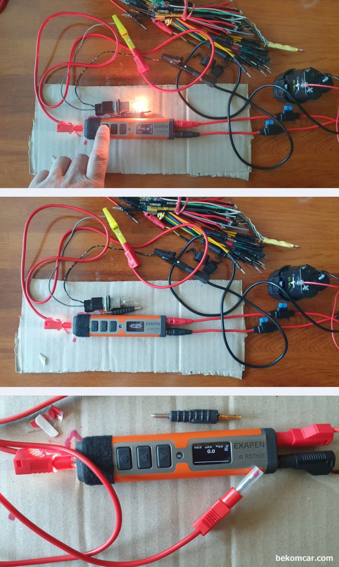 ROTKEE ExaPen 엑사펜 기능중 전원 및 그라운드 공급기능을 테스팅 하고 있다.|bekomcar.com