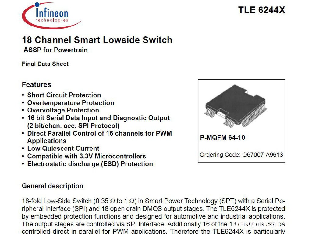 Infineon TLE 6244X, 18 Channel Smart Lowside Switch|贝科姆汽车 (bekomcar)