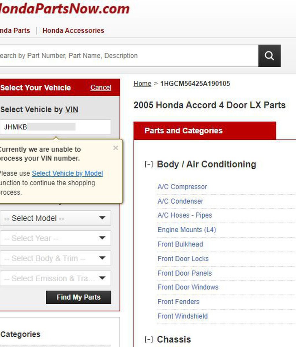 hondapartsnow.com 에서 차대번호로 조회하면 'Currently we are unable to process your VIN number' 라고 뜨는데 왜 그럴까요?|bekomcar.com
