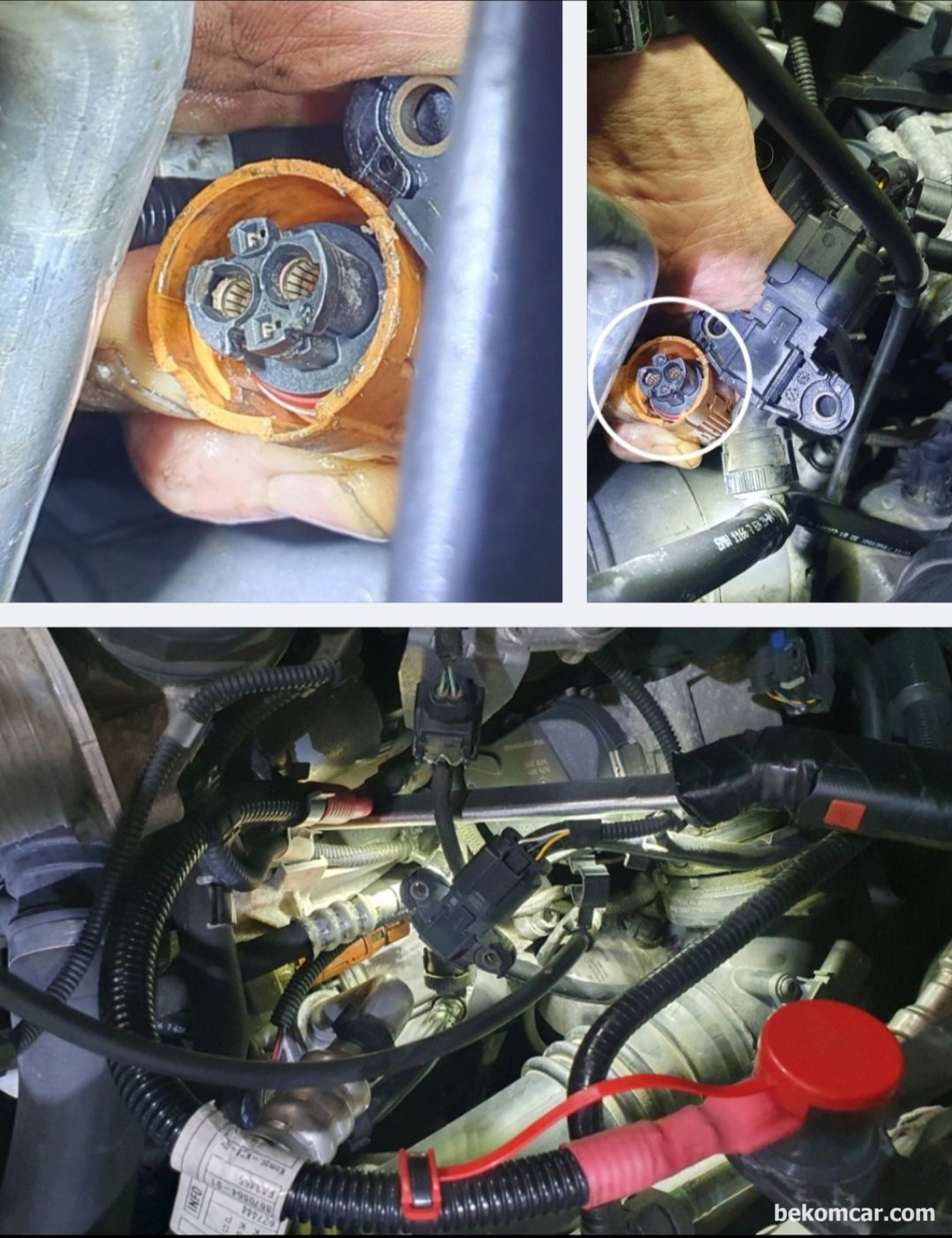 BMW F15 N20 40E 2018, 절연저항 고장 운행제한 상태진단,  데이터 분석과 증상 분석결과 가장 유력한 고장은 바로 A/C컴프레서이다. 그런데 고전압코넥터 위치가 거시기 하다. 하지만 정비소 사장님께서 금방 코넥터를 탈거해주신다. 암튼 다행이다. 절연저항 파괴 고장원인이  컴프레서 인지 확인이 가능하다.|bekomcar.com