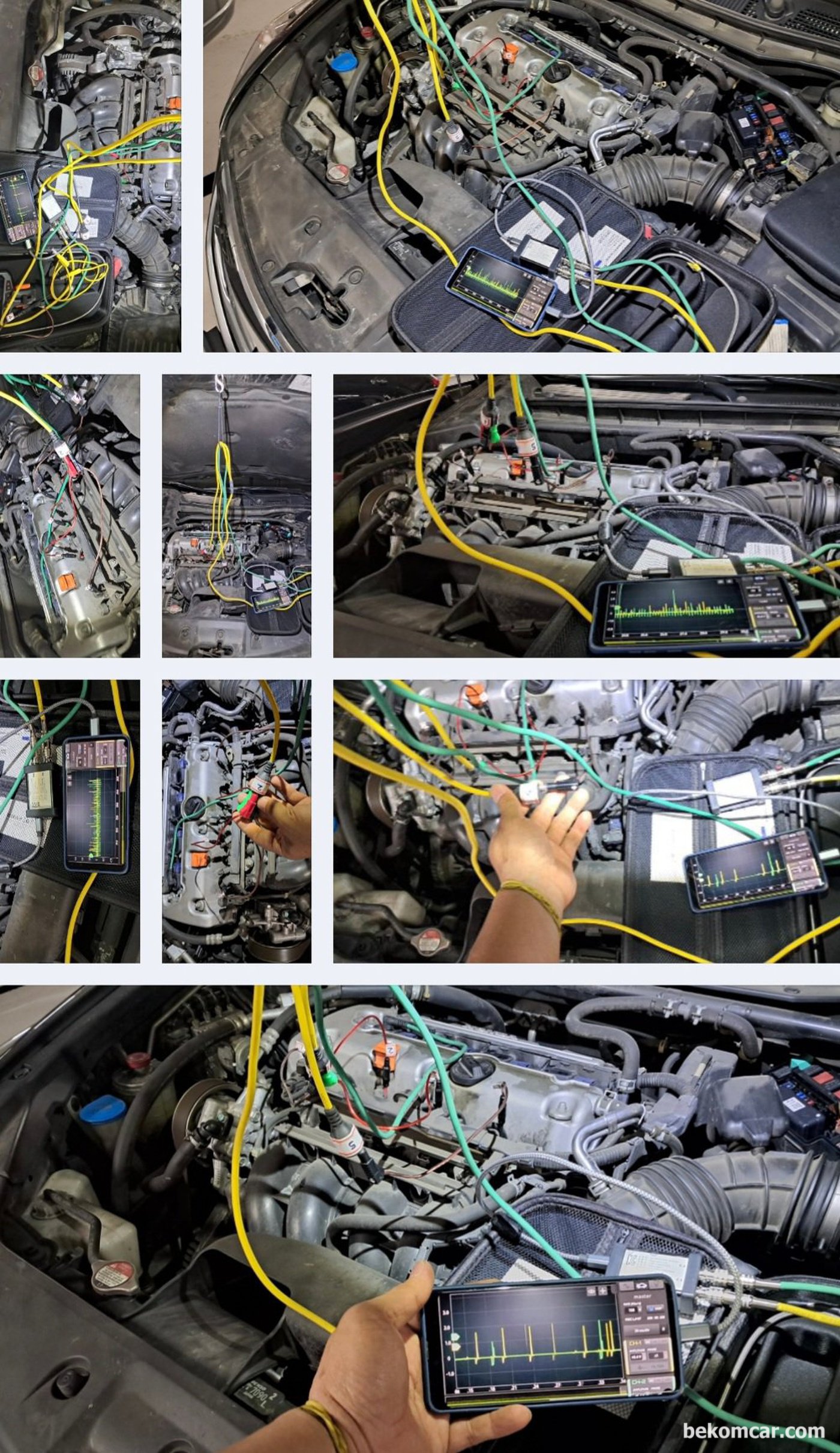 혼다 어코드 8세대 2.4L 중고차 검수과정 요약기록,  오실로스코프 정밀진단 과정. 실화, 인젝터, 실린더, 피스톤, 밸브, 흡기 & 배기, 점화코일, 점화플러그, 인젝터 등 엔진상태를 알 수 있는 항목을 스코프 파형으로 0.001초 그리고 0.000.001초 단위까지 전기신호를 분석하여 각 측정항목 상태를 진단한다. 다행히 측정 항목이 다 좋다.|بيكومكار  (bekomcar)