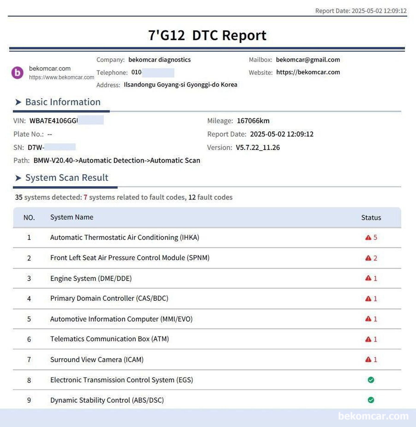 차량 전체 전장 시스템 고장코드 등 진단은 모든 중고차 판매 구매 전 필 수 점검 사항이다. 고장이 없어도 고장코드 가 있는 경우가 있다. 그래서 고장 코드 확인 후 고장 코드를 삭제 해주는 것이 좋다. 차량 상태를 있는 그대로 잘 알려 주는것도 중고차 거래에 중요한 요소이다. 그래야 서로 오해가 없기 때문이다|bekomcar.com