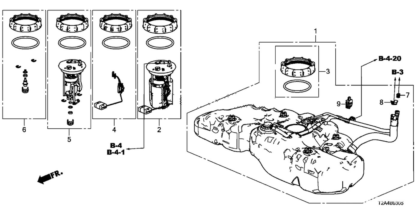 #2, 17045-T2A-A01 Module Set, Fuel Pump (연료펌프 어셈블리)
#4, 17047-T2A-A00 Set, Meter Complete (센더유닛)
#5, 17048-T2A-A00 Set, Fuel Strainer (연료필터)
#6, 17052-T0C-000 Regulator Set, Pressure (레귤레이터)|بيكومكار  (bekomcar)