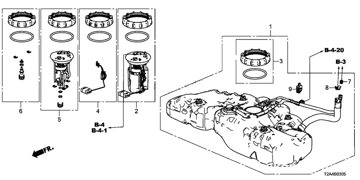 #2, 17045-T2A-A01 Module Set, Fuel Pump (연료펌프 어셈블리)
#4, 17047-T2A-A00 Set, Meter Complete (센더유닛)
#5, 17048-T2A-A00 Set, Fuel Strainer (연료필터)
#6, 17052-T0C-000 Regulator Set, Pressure (레귤레이터)|bekomcar.com