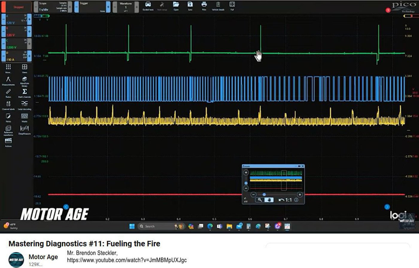 Mr. Brendon Steckler, Mastering Diagnostics #11: Fueling the Fire, Injector Fuse, Injector#1, CKP waveform. https://www.youtube.com/watch?v=JmMBMpUXJgc|بيكومكار (bekomcar)