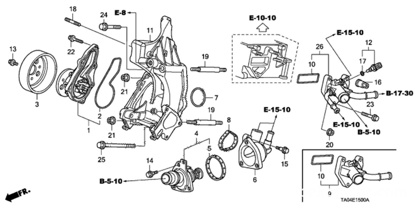 #1, 19200-R40-A01 Water Pump
#4, 19301-R40-A01 Thermostat Assembly (Fuji Seiko)
#5, 19305-PNA-003 Seal, Thermostat Cover (Nippon Thermostat)|bekomcar.com
