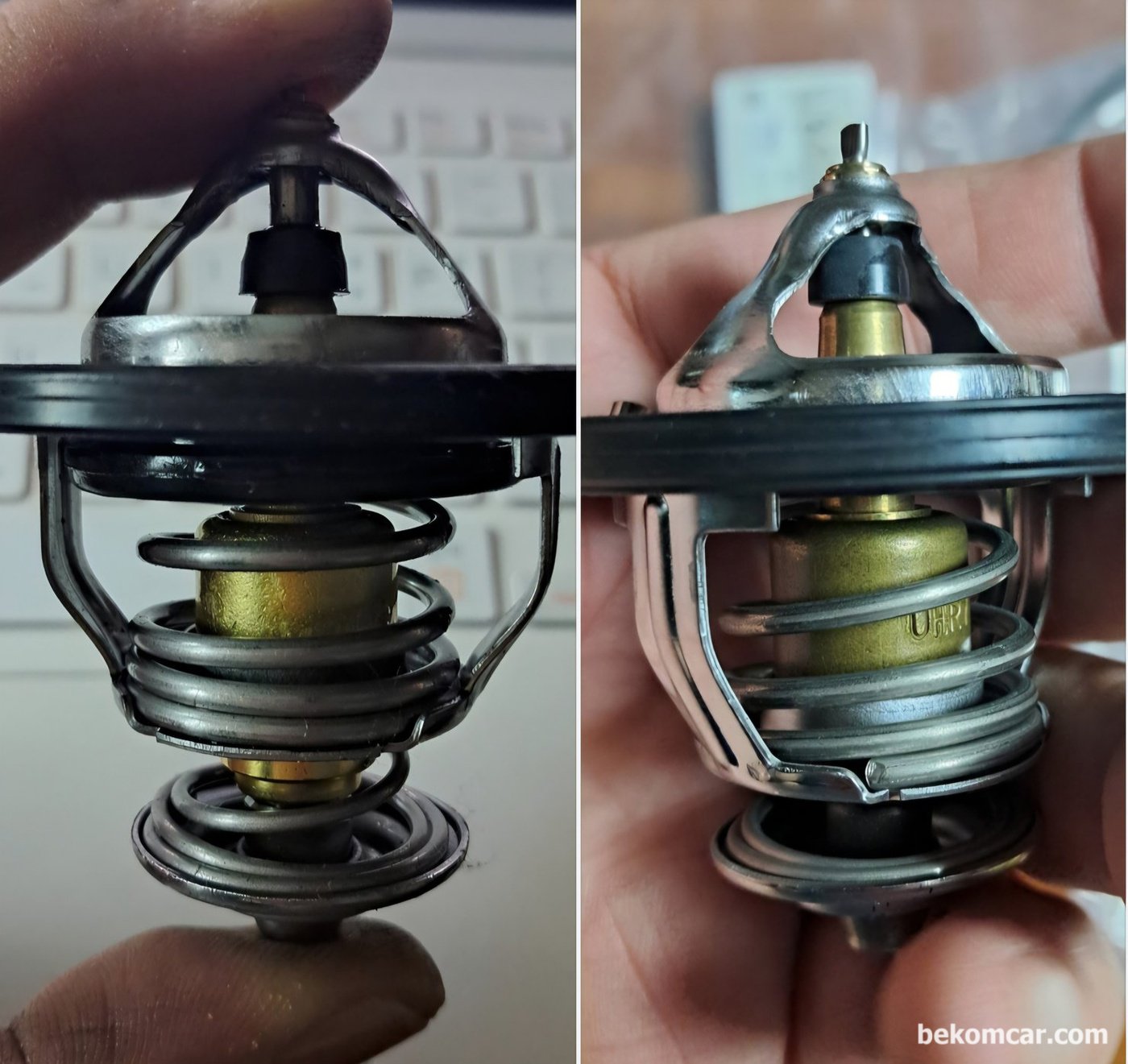 현대자동차 NF쏘나타 2.0L DOHC 2005년 기존 써모스텟 과 모비스 순정 써모스테 비교사진이다. 열림고착 써모스테과 정상인 써모스텟이 육안으로 큰 차이가 있다.|베콤카 차량정밀진단