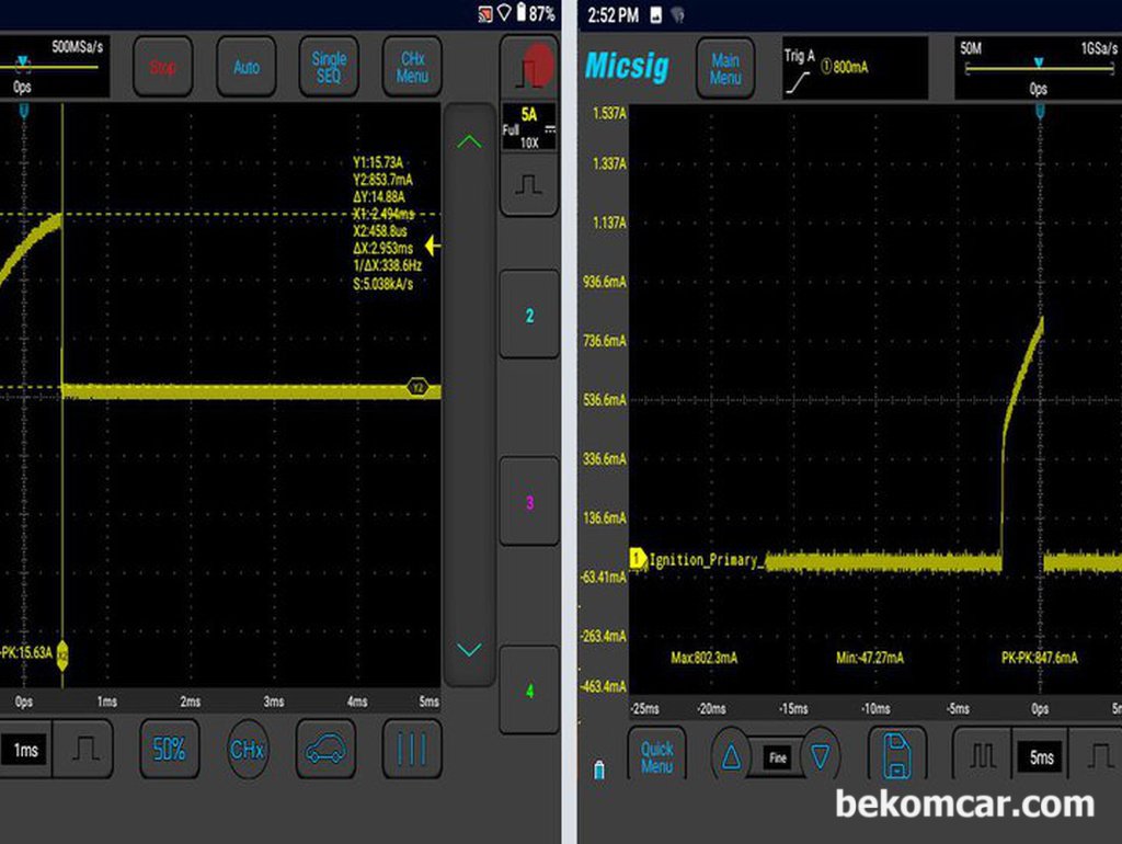 점화코일 정상과 쇼트상태 비, 점화1차전류파형 비교. 혼다 어코드 8세대 V6|베콤카 (bekomcar.com)