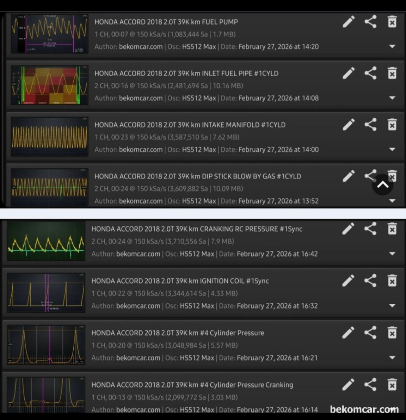 베콤카에서 국내대리점으로 수입 공급하는  MartinLoren.com 의 자동차전용 오실로스코프 HS512Max 파형 저장된 파일들이다. 클라우드 공유 및 협업에 최적화 되어 정비사 기술지원도 매우 편리하다.|بيكومكار  (bekomcar)