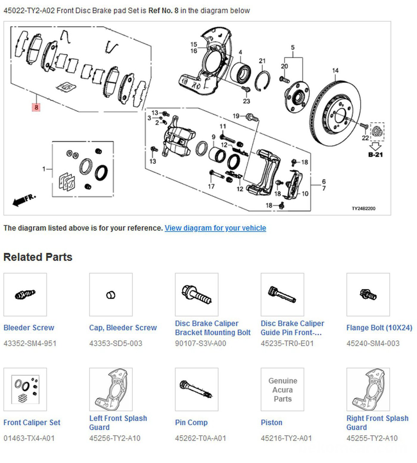 앞 브레이크패드 세트 구성도 (센서 없이 스퀼러 타입임)
#8. 45022-TY2-A02. Pad Set, Front - Acura|ベコムカー (bekomcar)