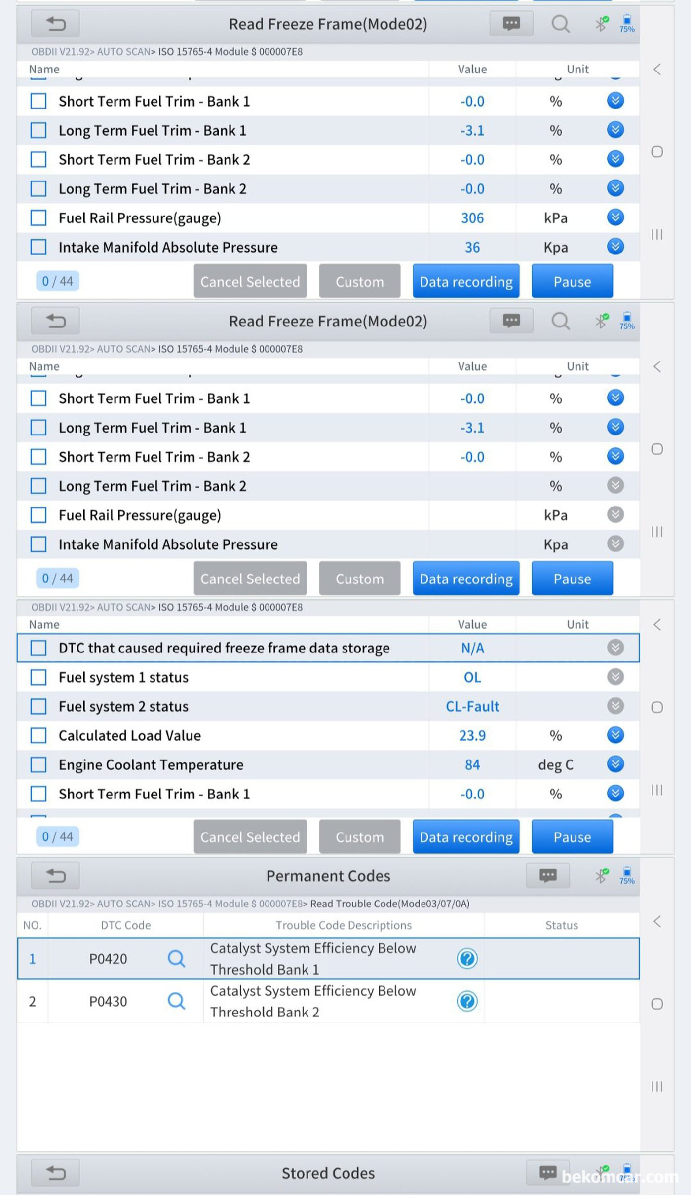 GM대우 2013년 알페온3.0L 촉매효율저하 P0420 P0430 기본진단 기록. 고장코드 재 확인후 프리즈프레임 데이터 분석을 한다. 고장코드 P0420 P0430 고장코드 발생당시 엔진상태 이해에 매우 중요하다.|bekomcar.com