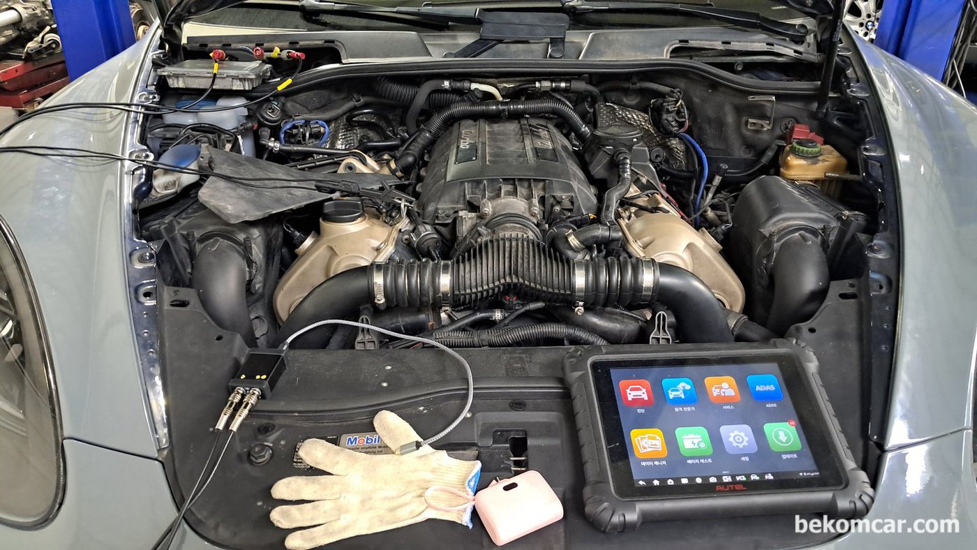 포르쉐 카이엔 V8 4.8L P0016 타이밍 고장코드 분석 과정이다. 대체적으로 작업성은 좋다. 다만 뱅크1의 바리오캠 플러스 솔레노이드 밸브 위치가 좀 까탈스럽다.|贝科姆汽车 (bekomcar)
