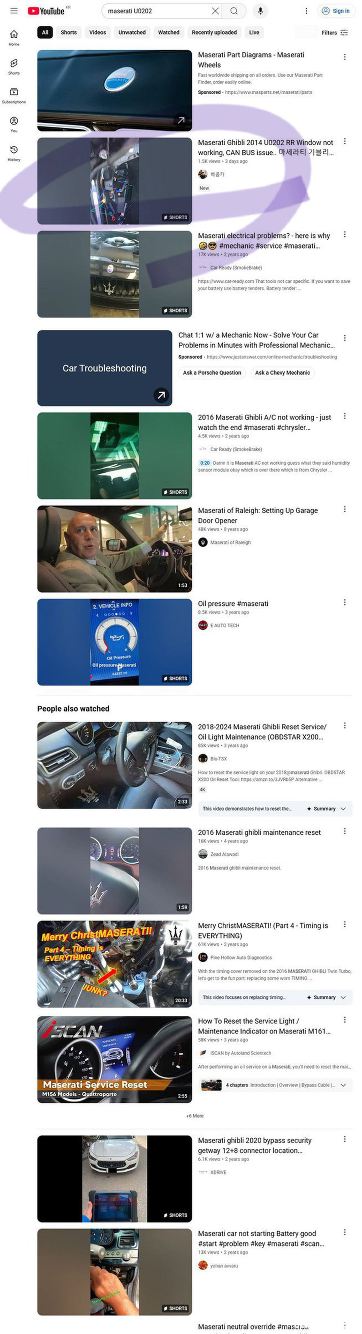 마세리티 기블리 U0202 캔 통신 진단과정 중의 쇼트영상, 3일만에 1500 조회수 와 'Maserati U0202' 검색순위. 이 검색결과 순위는 사용자별로 다 다르게 나타난다. AI각 각 사용자별 맞 춤식 결과를 보여주기 때문이다. 그냥 참고용이다. 전체 순위중에서 스폰서 (광고)를 제외하면 2위, 광고 없으면 1위 결과이다.|بيكومكار  (bekomcar)