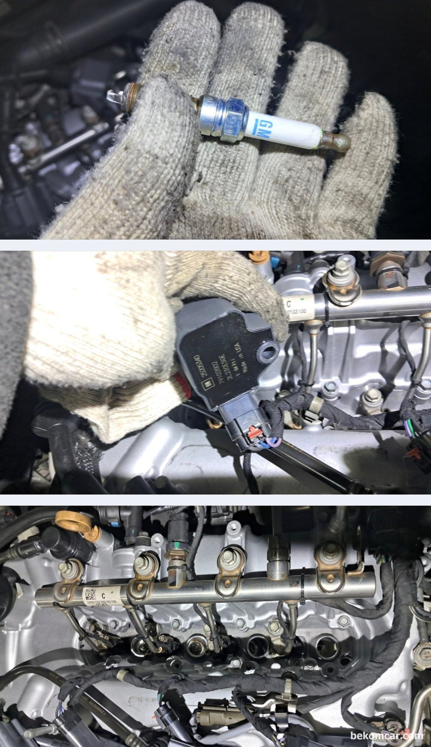 쉐보레 올 뉴 말리부 1.5T 에코텍 엔진, 약 14만키로 주행. 냉간시 실화증상 원인 진단이다. 엔진룸 기본점검 과정중 점화코일 점화플러그 시스템을 점검하고 있다.|bekomcar.com