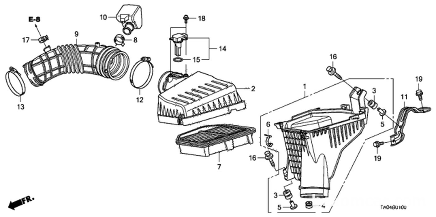 #9, 17228-R42-A00 Tube, Air Flow
#14, 37980-R11-A02 Meter Assembly, Air Flow
(#9번은 J35Z2 K24Z3 에 호환됨)|bekomcar.com