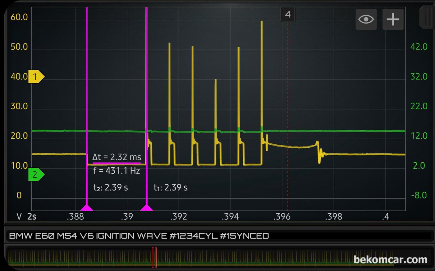 점화파형 측정차량은 BMW E46 M54 인라인 V6 엔진이다. 다중점화 파형을 자세히 분석하는데 점화코일 작동시간 (Dwell Time)이 약 2.32ms로 정상적으로 판단된다. 1.0ms는 1/1000초 이다.|بيكومكار  (bekomcar)