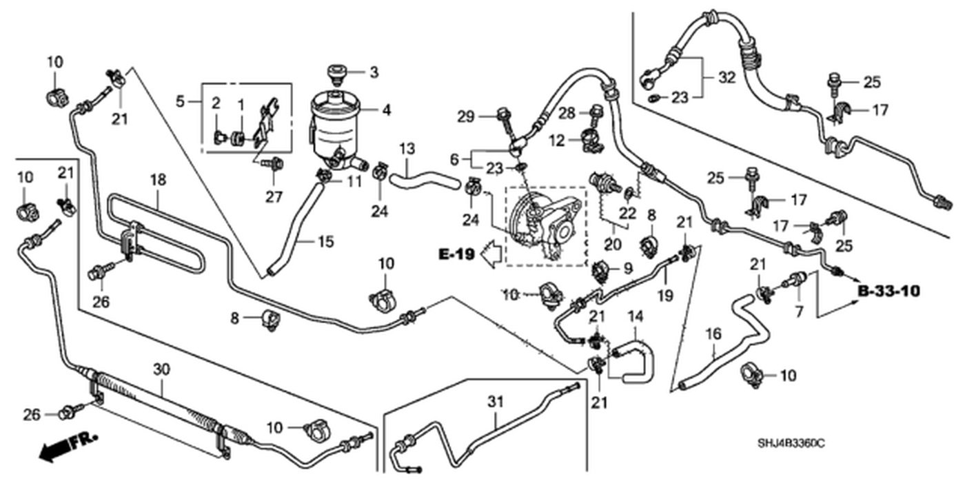 #6. 53713-SHJ-A01. Hose, Power Steering Feed(고압)
#13. 53731-SHJ-A01. Suction Hose (단종되었는지 확인요)
#15. 53733-SHJ-A02. Upper Return Tube
#23. 91370-SV4-000. O-Ring (14.4X1.9) (고압)|베콤카 차량정밀진단