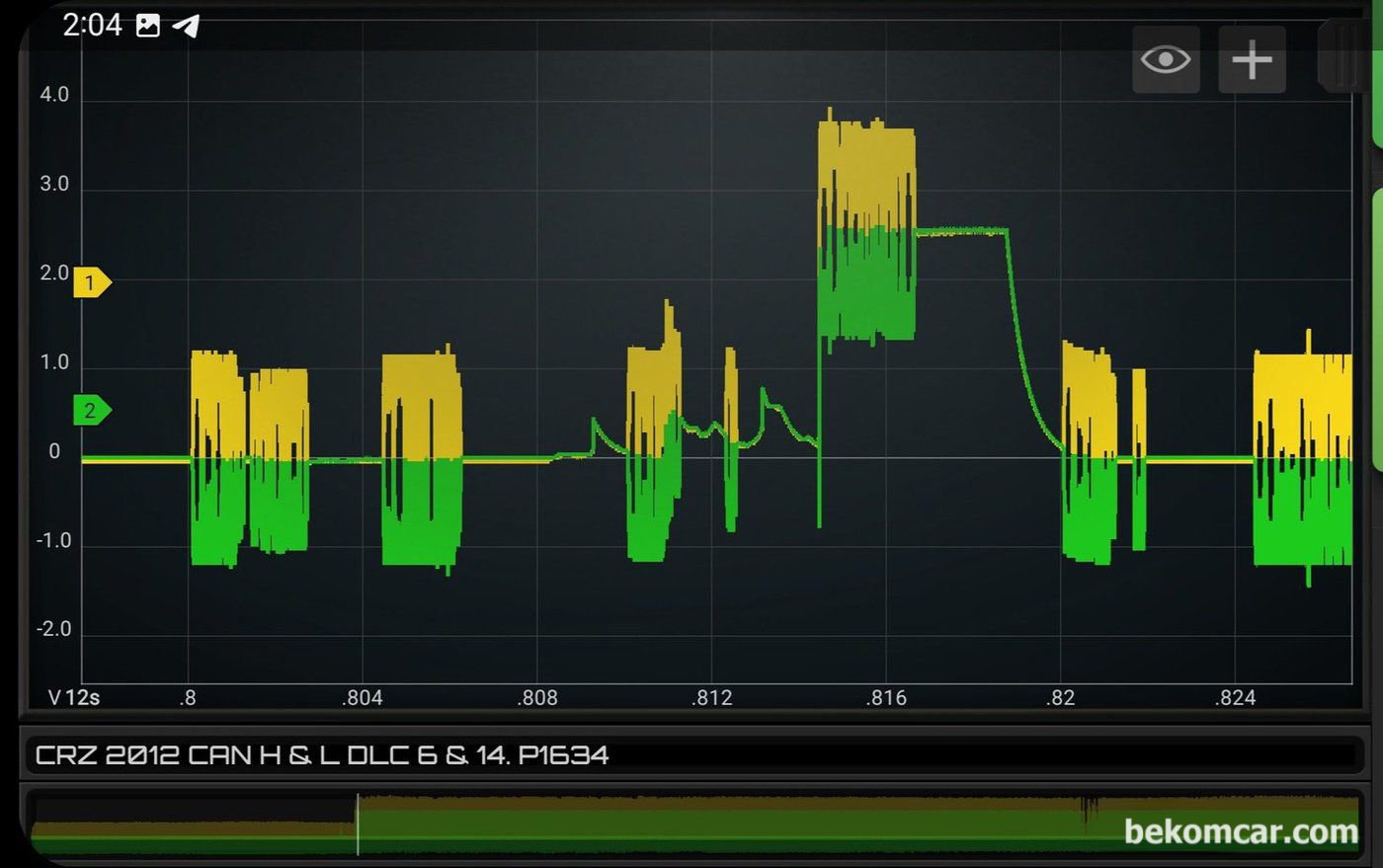 캔 하이 와 캔 로우 제어 칩인 트랜시버 칩 고장인 경우에 흔하게 측정되는 캔 통신 파형이다. 진단 차량은 혼다 CRZ 이다.|베콤카 차량정밀진단