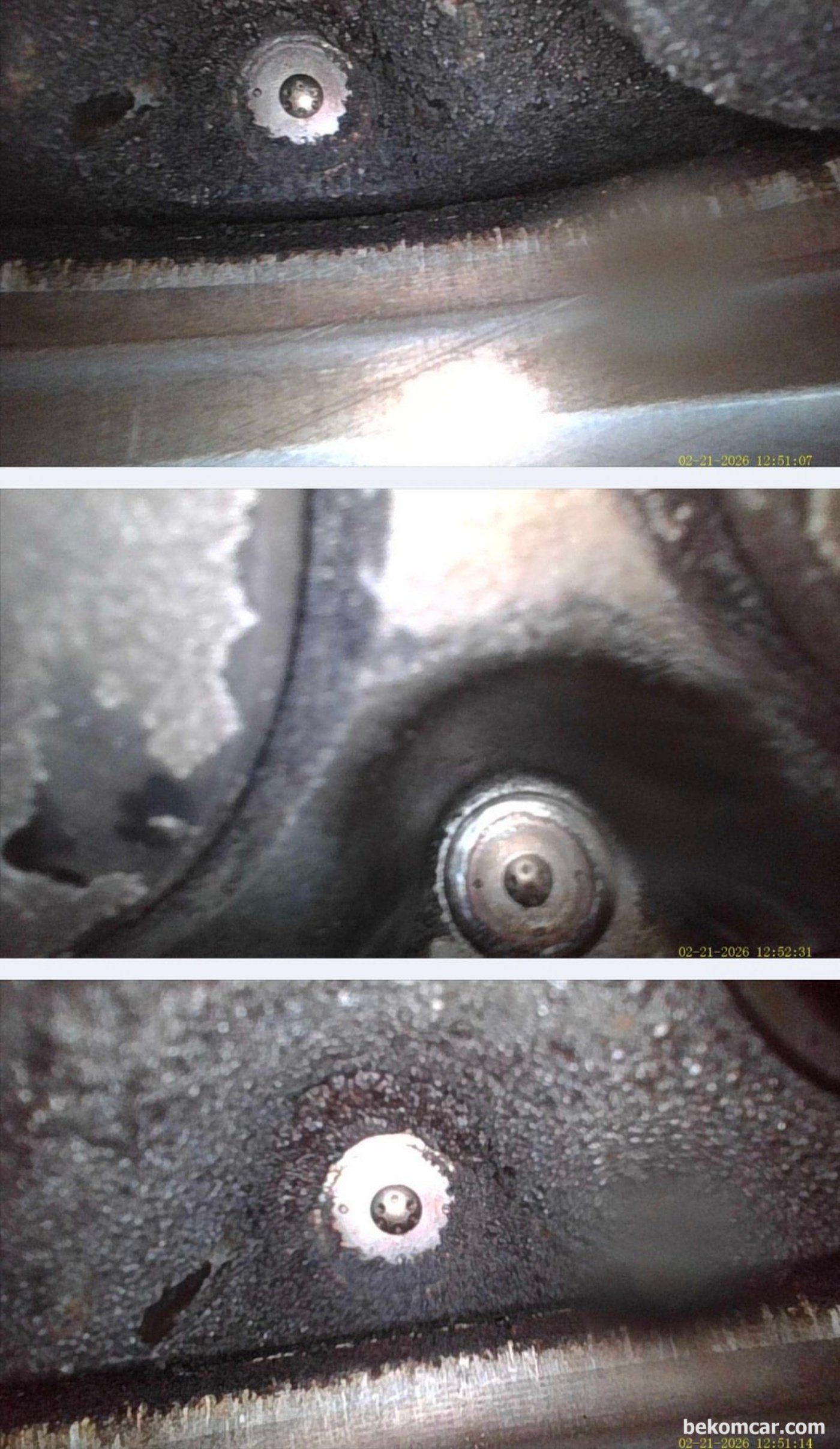 제네시스 EQ900 2017년 람다2 3.8L GDI 엔진 인젝터 분사량 및 막힘정도 진단과정이다. 실린더 내시경으로 피스톤 상태, 실린더 스크래치 및 밸브 와 인젝터 분사노즐 부분 카본 막힘등을 육안점검한다. 다행히 인젝터 분사 노즐 팁 부분에 카본이 없다. 인젝터 분사량 차이점 파형과 일치한다.|ベコムカー (bekomcar)