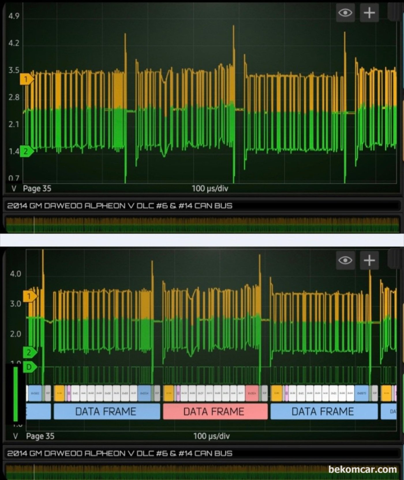 GMLAN 데이터통신 진단 차량은 지엠대우 알페온 차량이다. 캔 통신파형을 그냥 파형만 스치면서 보는것이랑 디코딩해서 양 불 판단하는건 큰 차이가 있다.|bekomcar.com