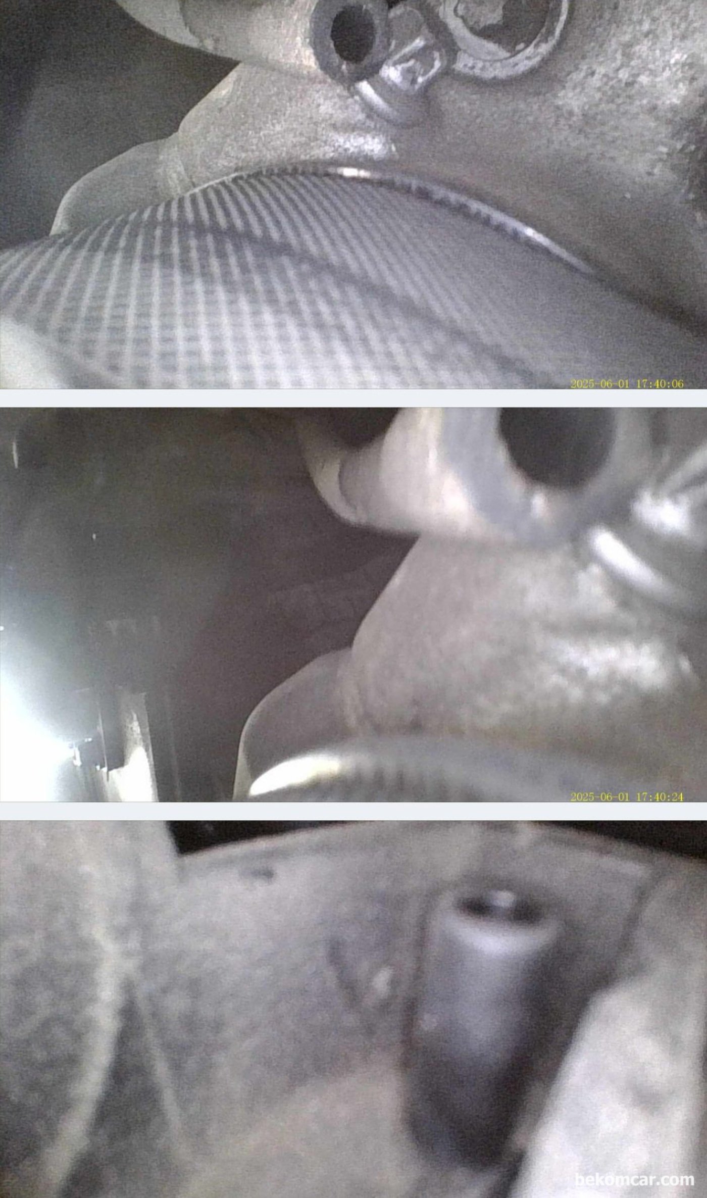 혼합물 부분 부하범위 농후, 벤츠 E200K 201C-01 P0172 진단.정비사례로 진공호스에 크랙이 있어 덜렁 덜렁 되어있는 상태이다. 진공호스 니플이 내시경 카메라에 포착된다.|贝科姆汽车 (bekomcar)