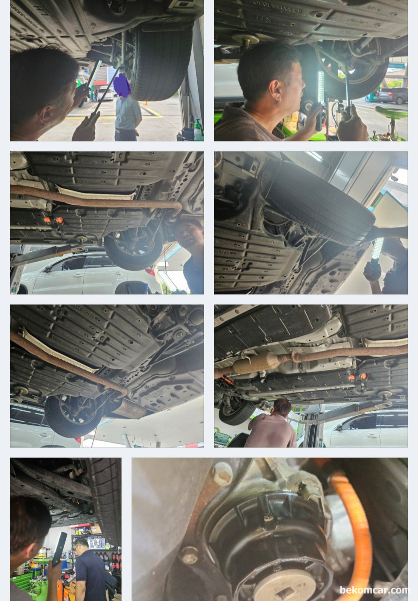 베콤카 중고차구매 및 중고차판매 지원 정밀 점검 과정 기록이다. 리프트에 올려서 하체점검 한다. 누수 누유 사고흔적등 점검한다.|bekomcar.com