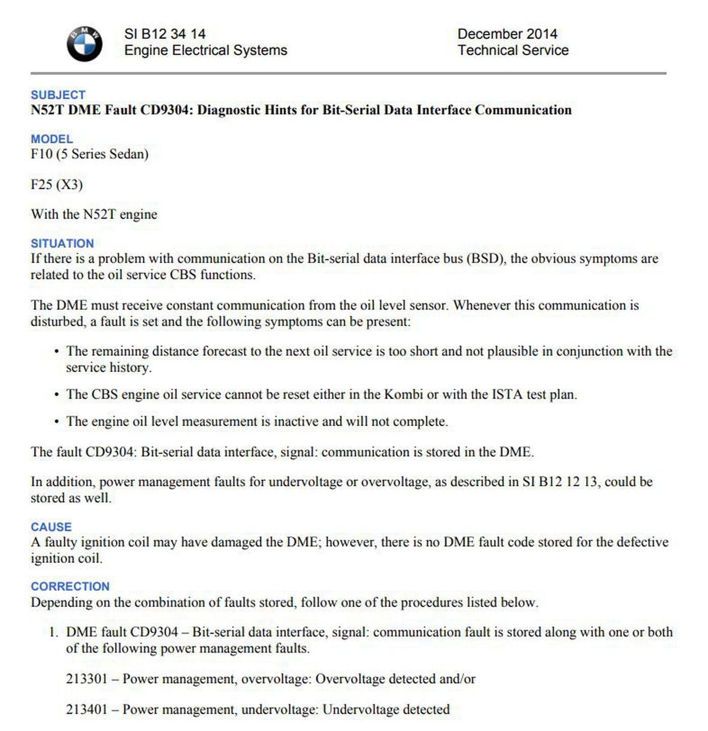 BMW CD9304 BSD (Bit-Serial Data) 인터페이스 통신 고장코드 발생시에 참고할 BMW TSB문서이다. Courtesy of ©2014 BMW of North America, Inc.|贝科姆汽车 (bekomcar)