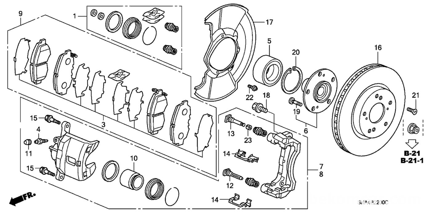 #1. 01463-S5D-A00. Caliper Set, FR.
#9. 45022-SNE-A00. Pad Set, Front|bekomcar.com