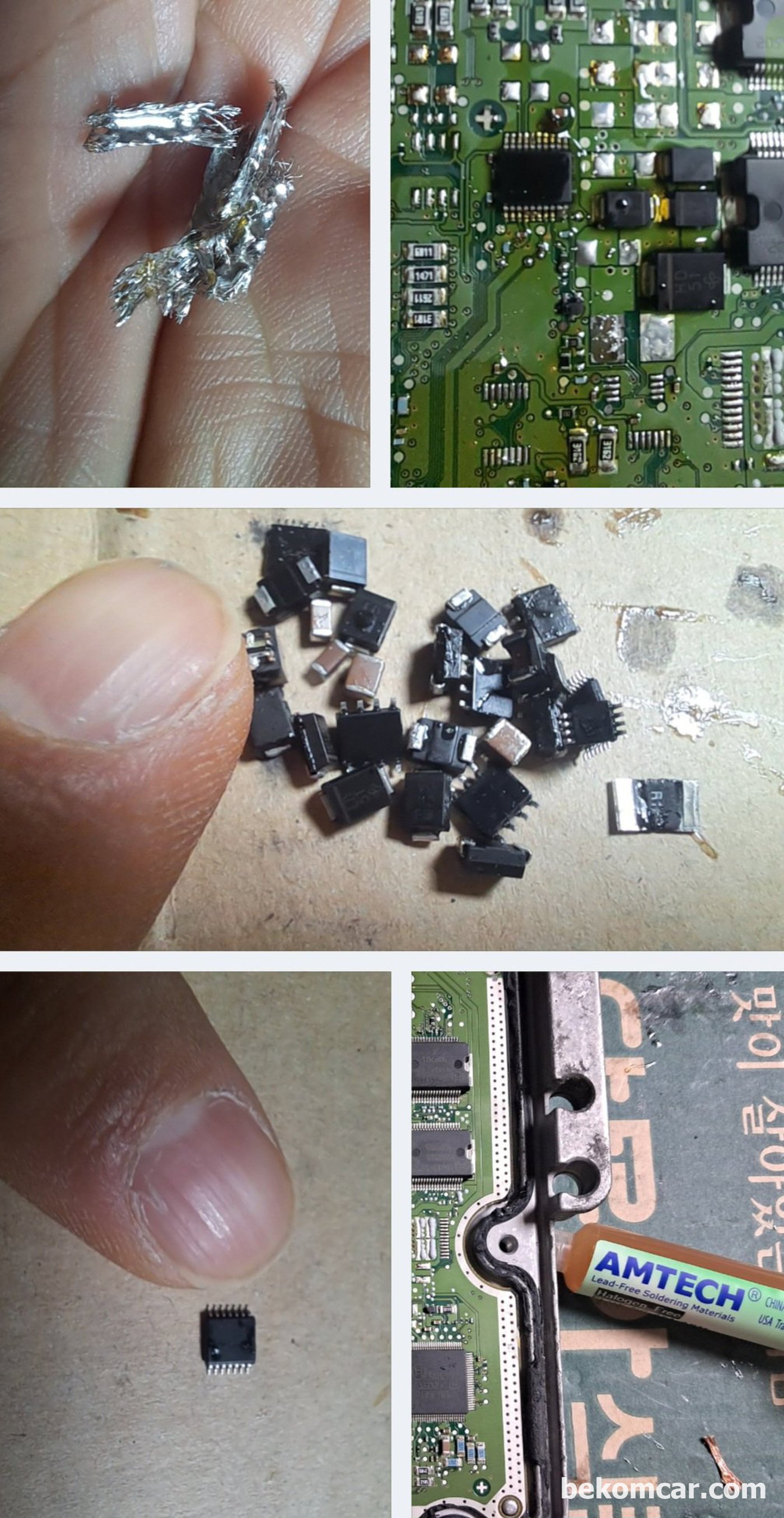 추가적인 ECU SMD 칩 작업으로, 저항등 SMD 부품을 PCB손상없이 분리하는 과정이다. SMD 부품들이 참 작기는 작다. BMW ECU, 포드 ECU, 포르쉐 ECU등 작업시 필요한 스킬이다.|ベコムカー (bekomcar)