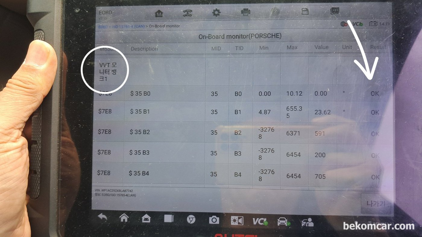 포르쉐 VVT인 VarioCAM Plus DME 자체 테스팅시 뱅크1 및 뱅크2 둘 다 통과함. Valve Lift 솔레노이드 제어로 캠 로브 높이를 바꾸어 주는 기능이다.공기량 조절 밸브오버랩 조정기능으로 혼다 VTEC 과 같은 이치이다. 카이엔 2011 V8 4.8L에는 흡기에만 설치되어 있다.|بيكومكار (bekomcar)