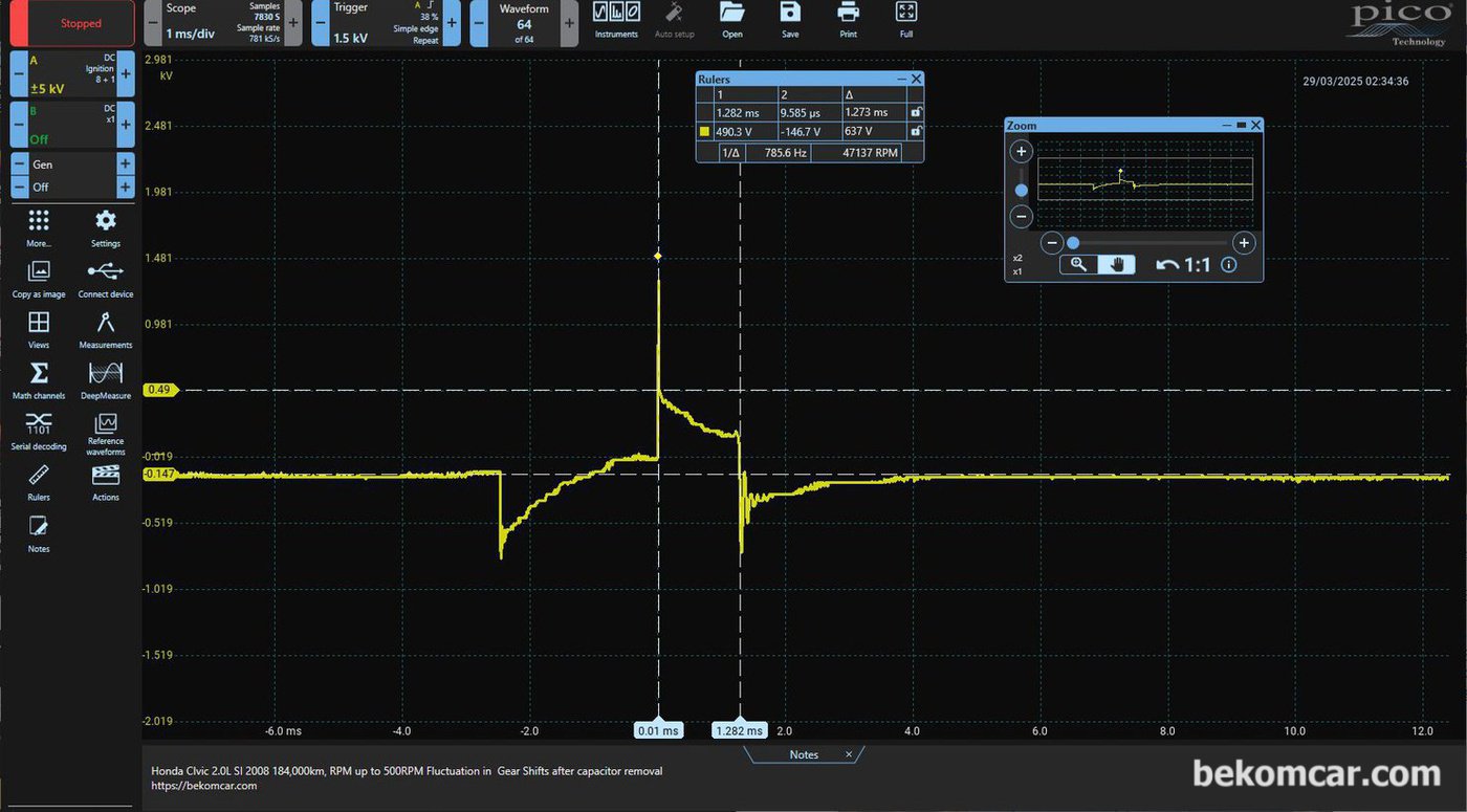 전혀 다른 차량, 2008년 혼다 시빅 2.0L K20엔진점화파형이다. 점화플러그 작동시간 Burm Time은 약 1.27ms이다. 보통은 이렇게 한번의 점화플러그 점화가 있다. 지극히 정상적인 점화파형으로 점화코일 및 점화플러그 상태가 좋다는 의미이다. 점화플러그나 점화코일 교환시기를 결정하는데 그리고 엔진상태 (실화, 부조, 출력등) 진단에 유용하게 사용되는 점화파형이다.|贝科姆汽车 (bekomcar)