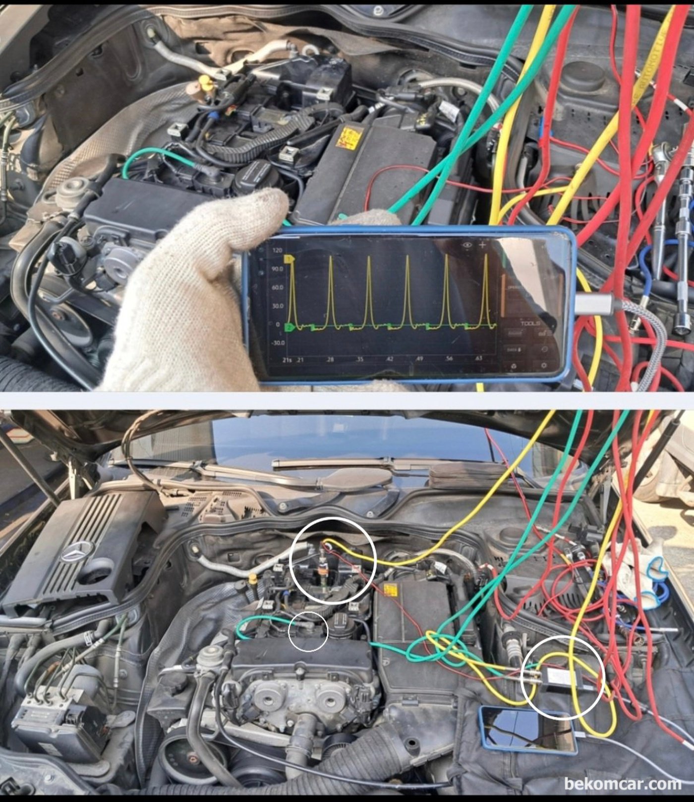 벤츠 W211 E200K P0304 실화진단 관련기록 이다. MartinLoren.com 의 HS512Max 자동차전용 스코프와 ROTKEE.com 의 PS16 실린더압축압력센서 (In Cylinder Pressure Transducer)를 이용했다|bekomcar.com