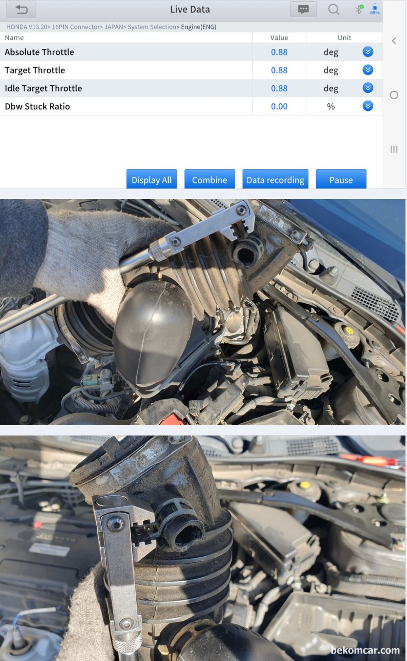 혼다 어코드 9세대 2.4L 쓰로틀바디 청소후 진단기로 TPS 초기화 및 ECM 리셋을 해 준다. 그리고 시동걸고 이상없는지 확인, 다음에 진단기 상 DBW Stuck Ratio  쓰로틀바디 막힘율이 0%인지 쓰로틀바디 열림각도가 1.5도 이하인지 확신한다. 0.5도 정도의 쓰로틀바디 열림각도는 그만큼 작업이 잘 되었다는 의미이다.|بيكومكار  (bekomcar)