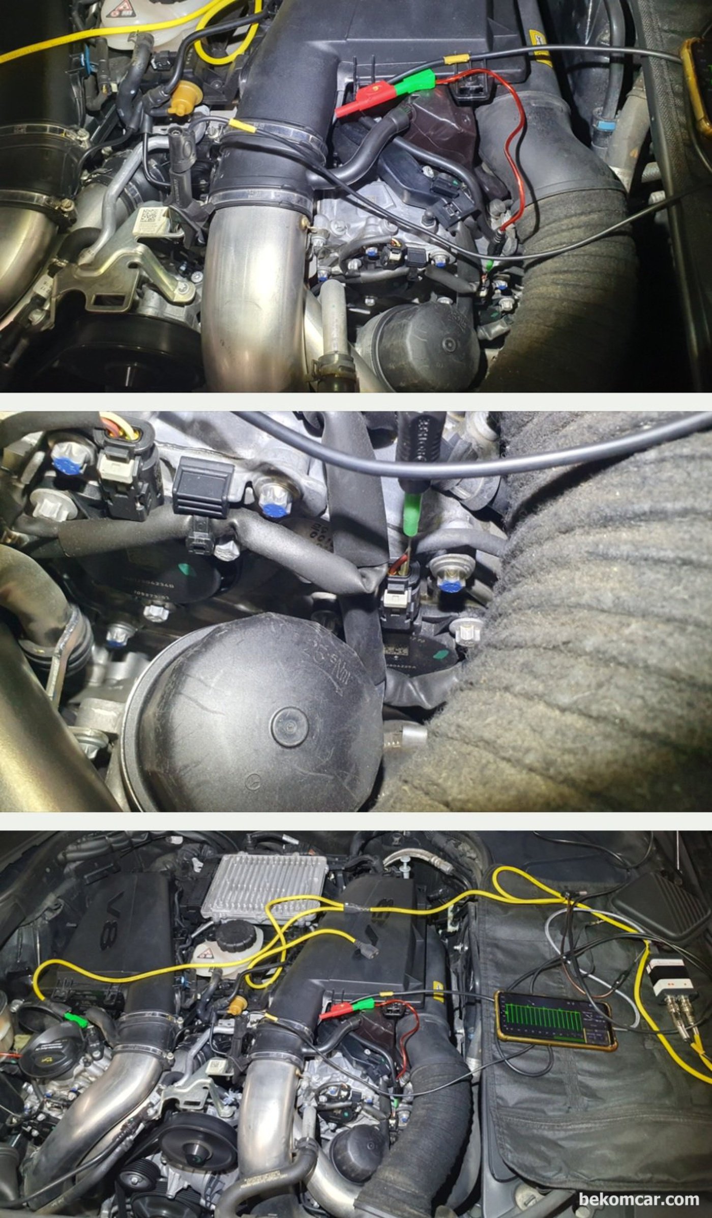 벤츠 W222 S500 중고차구입 점검, 출장 점검은 서서울모터리움 중고차 매매단지 이다. 오실로스코파형 분석을 활용하여 엔진 타이밍 등 전장적인 진단을 하고 있다. 엔진룸 누유 누수가 발견되지 않고 상당히 상태는 좋게 판단한다.|베콤카 차량정밀진단