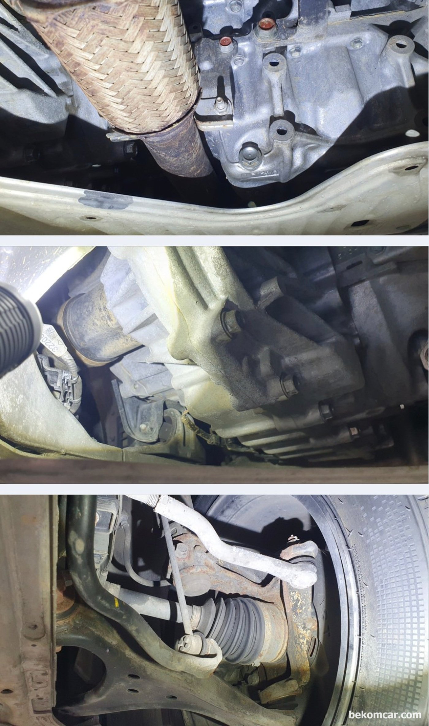 베콤카 중고차 구매점검 사례는 혼다 어코드 9.5세대 하이브리드 이다. 하체 점검과정이다. 사고유무 등도 자세히 알 수있다. 누유 및 누수 그리고 녹 상태등 특이사항을 점검하는 단계이다.|bekomcar.com