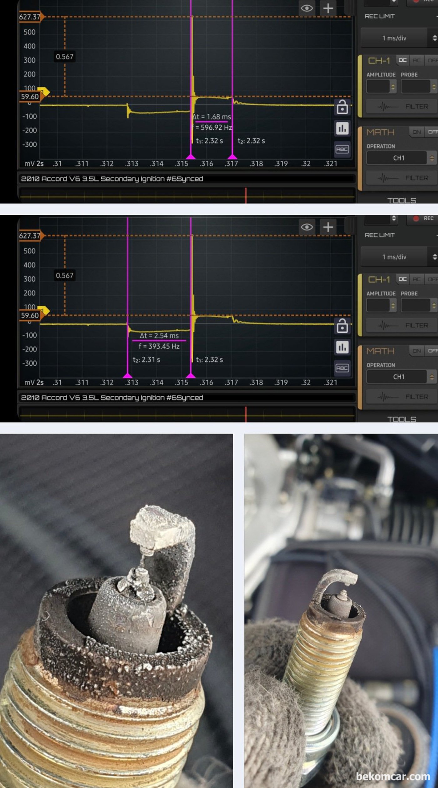 혼다 어코드 8세대 V6 3.5L 1번 ~ 6번 실린더 점화파형 측정과정이다. DWELL TIME & BURN TIME 다 정상이다. 점화플러그는 일부 실린더에서 약간의 엔진오일 소모흔적이 확인된다. 하지만 실화고장코드 는 없다. 점화플러그 육안점검 결과 튠업을 위하여 점화플러그 는 교체하기를 권장한다.|贝科姆汽车 (bekomcar)
