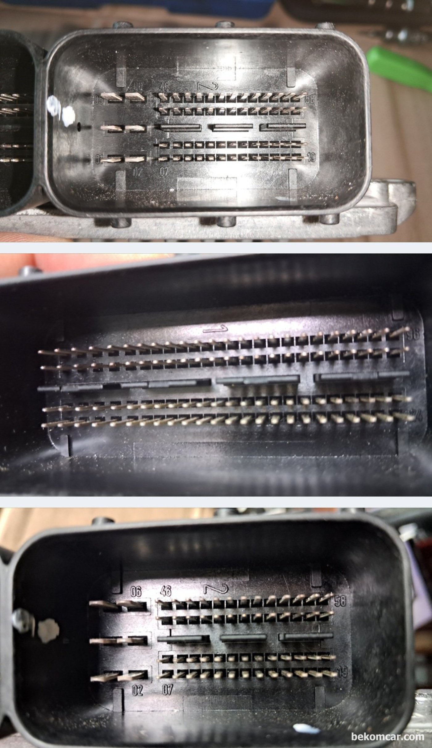 벤츠 S 클래스 2007년 M273 S550 ME9.7 ECU 간헐적 시동불량 증상 진단 및 정비기록이다. ECM 의 코넥터 1 & 2의 핀 번호이다.|贝科姆汽车 (bekomcar)