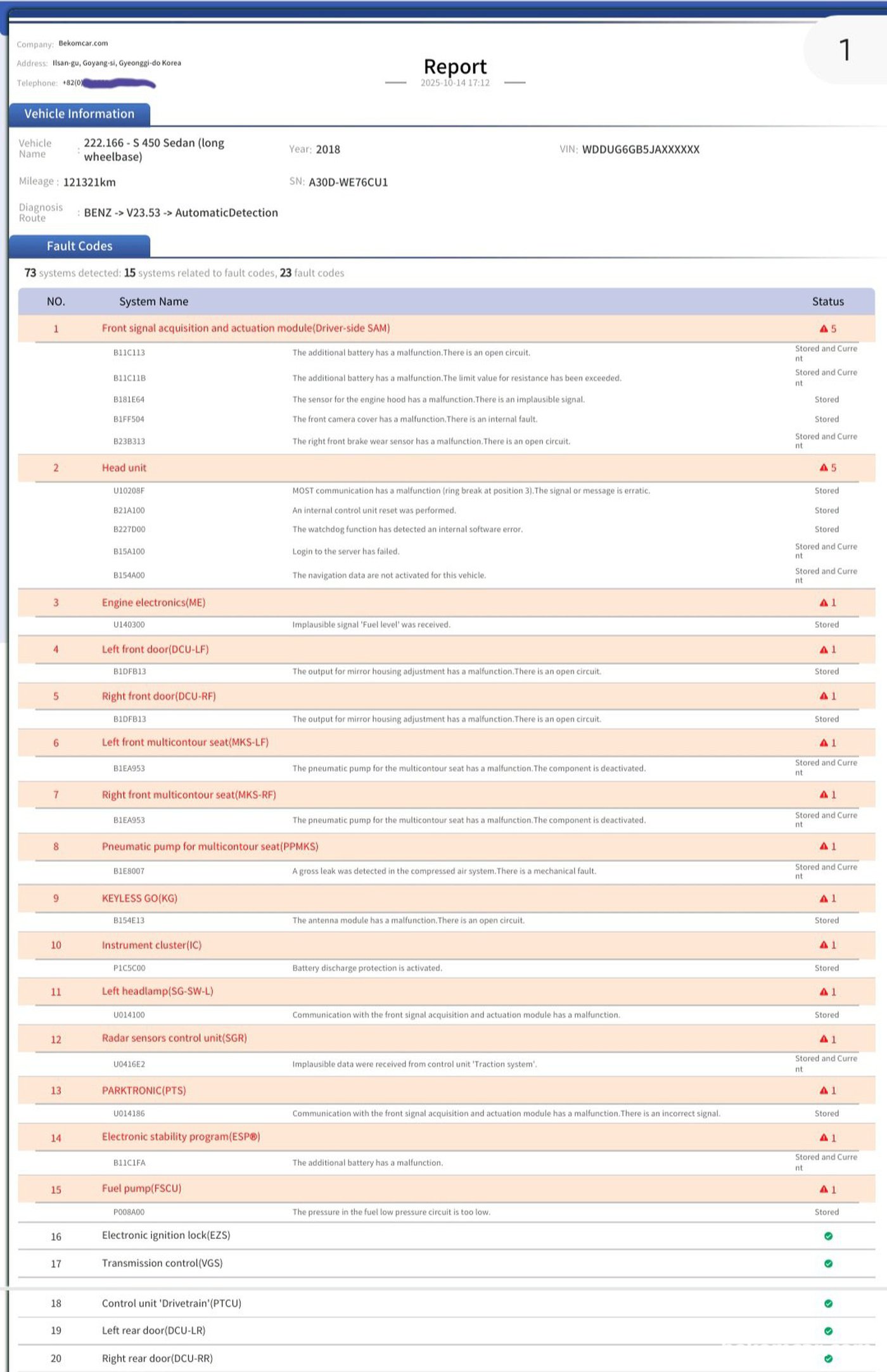 수원중고자동차 매매단지 와 강남중고차 매매단지 에서 벤츠 W222 S500 과 S450 중고차 구매전 진단기록이다. 진단기 전체 시스템 전장부분 고장코드 등 기록이다. 특히 U* & CAN 통신등 고장코드 등은 매우 신경쓰이는 고장코드 이다.|베콤카 차량정밀진단