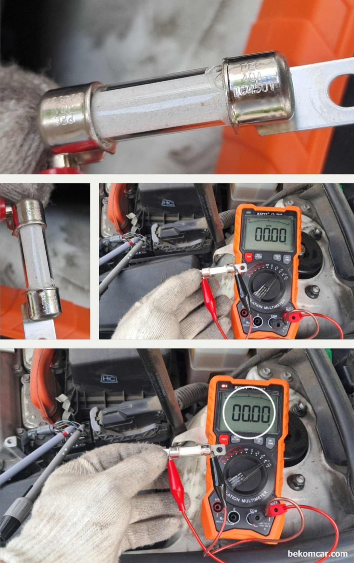 토요타 캠리 하이브리드 2016년 B1498 DTC 점검과정, 원인중 하나가 될수 있는 #4 Engine Wire 점검과정. 450V 40A Sand Fuse를 완전 탈거해서 재확인 측정한다. 1.00옴 이하로 정상이다.|bekomcar.com